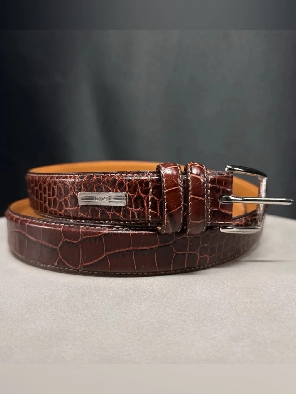 Polo Ralph Lauren Brown Croc-Embossed Genuine Leather Belt Designer Plaque 40